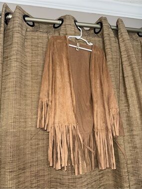 Pomelo Tan Fringe Open-Front Suede-Look Shrug